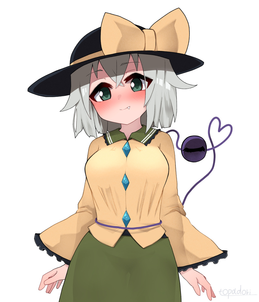 1girl black_headwear blouse blush bow breasts buttons closed_mouth cowboy_shot diamond_button eyeball frilled_shirt_collar frilled_sleeves frills green_skirt hair_between_eyes hat hat_bow hat_ribbon head_tilt heart heart_of_string highres komeiji_koishi light_green_hair long_sleeves looking_at_viewer medium_breasts medium_hair ribbon shirt signature simple_background skirt smile solo third_eye topadori touhou white_background wide_sleeves yellow_bow yellow_ribbon yellow_shirt