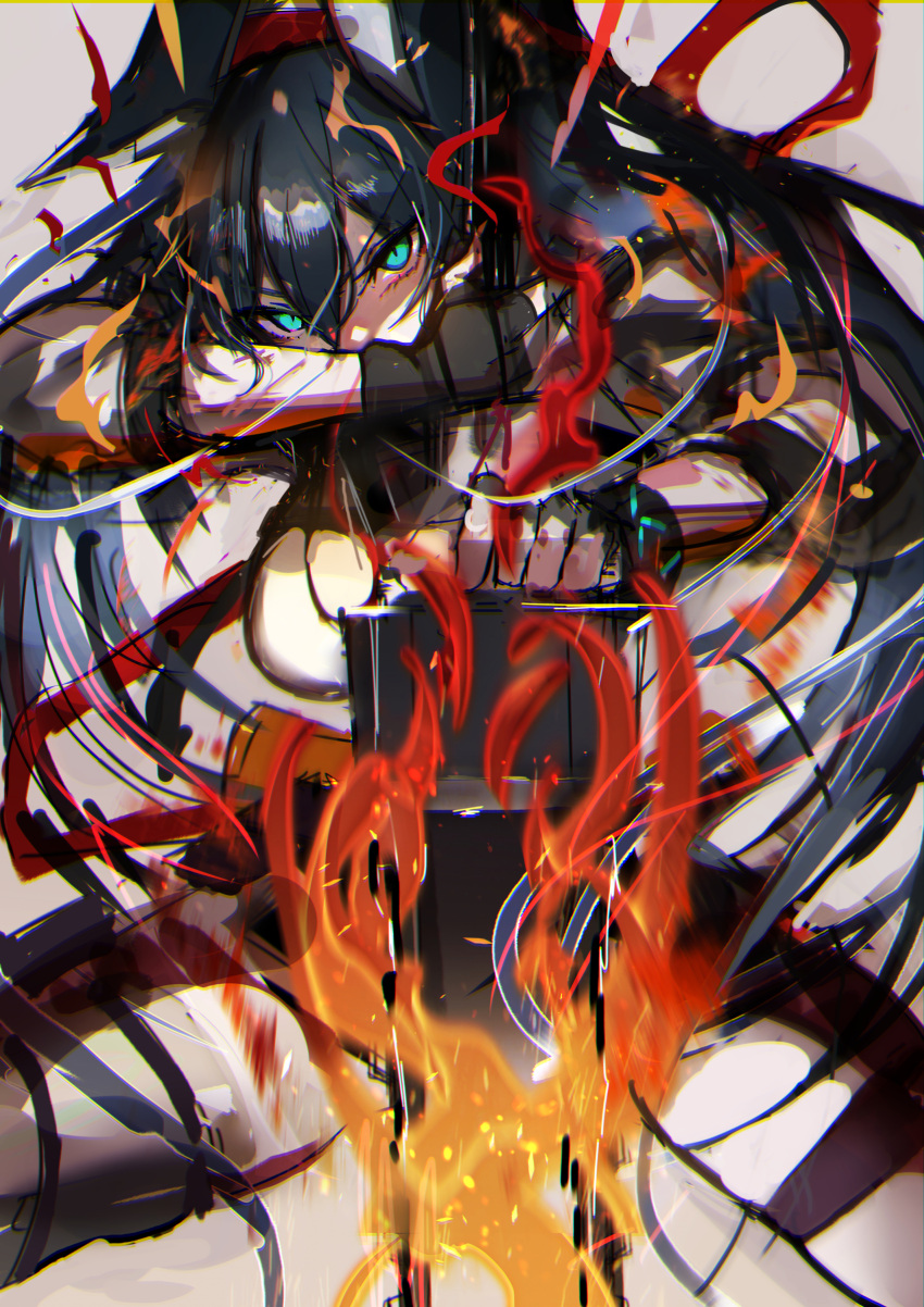 1girl absurdres animal_ears arknights black_gloves black_hair blaze_(arknights) blue_eyes bracelet breasts cat_ears chainsaw chuhaibane fingerless_gloves fire flaming_weapon gloves hairband highres infection_monitor_(arknights) jewelry large_breasts long_hair long_sleeves looking_at_viewer red_hairband sketch solo spread_legs thigh_strap v-shaped_eyebrows very_long_hair