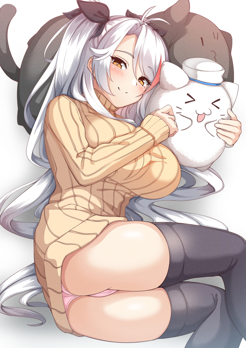 &gt;3&lt; 1girl absurdres alternate_costume ass azur_lane bangs black_thighhighs blush breasts brown_eyes brown_sweater feet_out_of_frame grey_hair hair_between_eyes hair_ribbon heart highres knees_together_feet_apart large_breasts long_hair long_sleeves meowfficer_(azur_lane) monochrome moyoron no_pants panties parted_bangs prinz_eugen_(azur_lane) red_hair ribbed_sweater ribbon simple_background sleeves_past_wrists spot_color sweater thighhighs turtleneck turtleneck_sweater two_side_up underwear very_long_hair white_background white_headwear