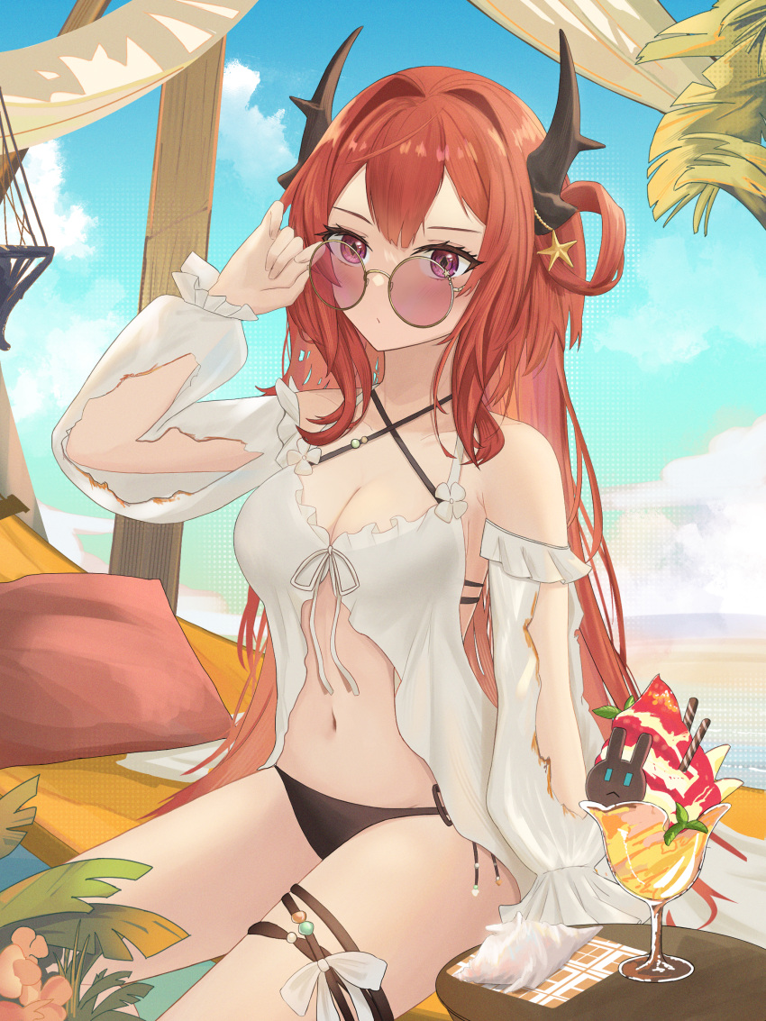 absurdres adjusting_eyewear arknights arm_up bare_shoulders bikini black_bikini black_ribbon blue_sky bow breasts burnt_clothes cleavage collarbone criss-cross_halter cup day detached_sleeves food hair_rings halterneck highres horns ice_cream ka_maru long_hair long_sleeves looking_at_viewer medium_breasts official_alternate_costume outdoors pink-tinted_eyewear purple_eyes red_hair ribbon round_eyewear side-tie_bikini_bottom sitting sky sundae sunglasses surtr_(arknights) surtr_(colorful_wonderland)_(arknights) swimsuit swimsuit_cover-up thigh_strap tinted_eyewear very_long_hair white_bow