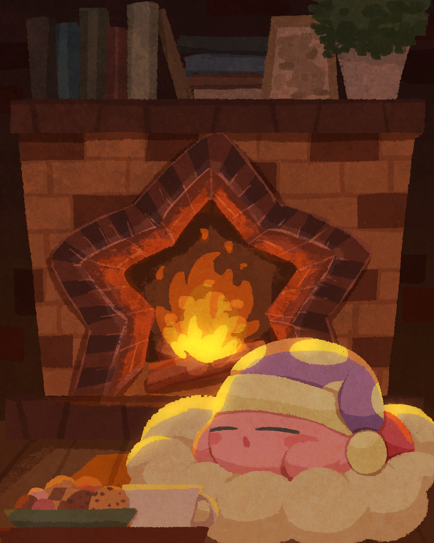 book chimney closed_eyes cookie cup fire food hat highres indoors kirby kirby_(series) log lying miclot mug nightcap no_humans on_stomach plant plate sleep_kirby sleeping star_(symbol) vase