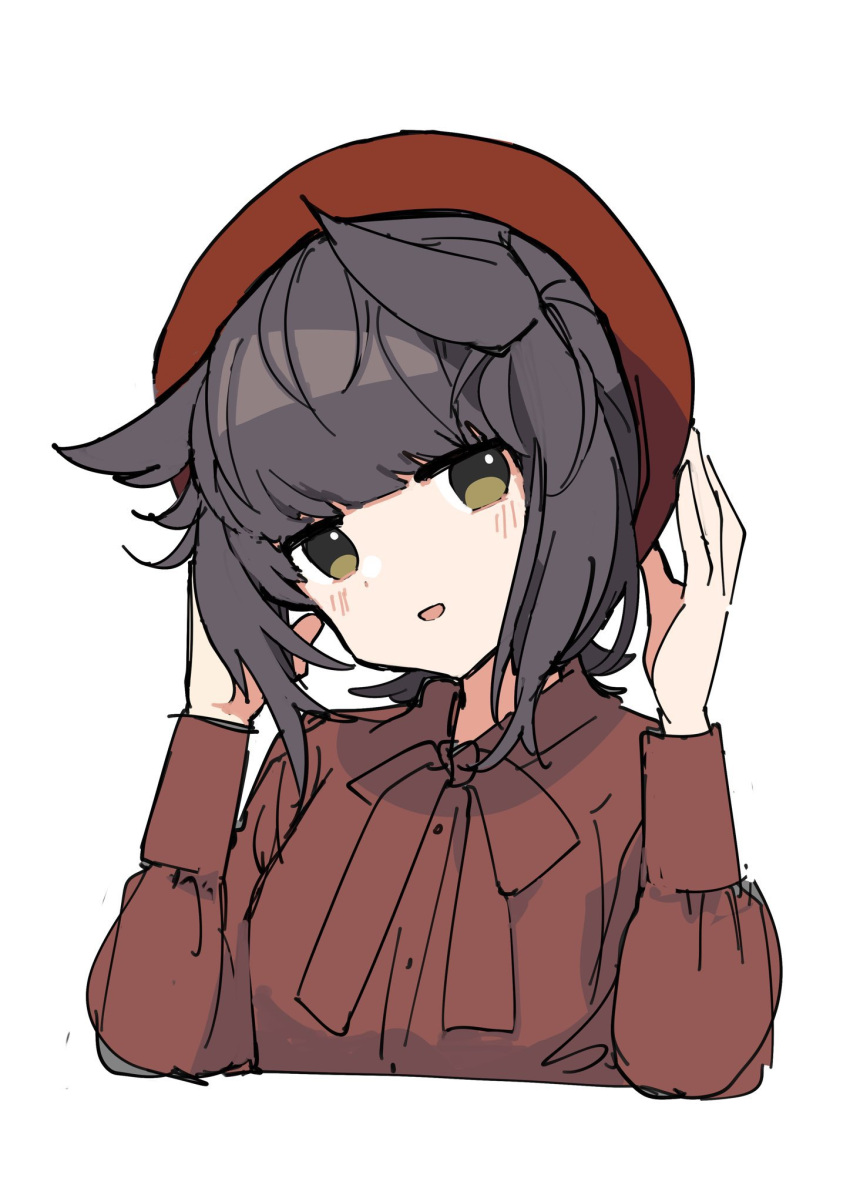 1girl alternate_costume black_hair green_eyes hair_horns hatsuzuki_(kancolle) headwear_request highres kantai_collection long_sleeves looking_at_viewer open_mouth red_headwear red_shirt sayuwan shirt short_hair simple_background smile solo white_background