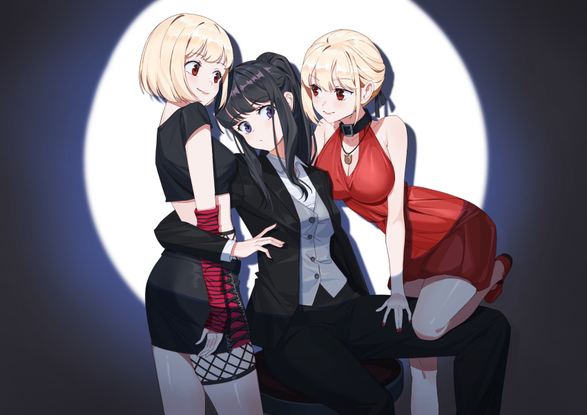 3girls absurdres alternate_hairstyle arm_around_waist black_hair blonde_hair breasts cleavage collar dress dual_persona formal highres inoue_takina jewelry large_breasts long_hair lycoris_recoil multiple_girls nail_polish necklace nishikigi_chisato official_alternate_costume ponytail purple_eyes qingtiana red_dress red_eyes shoes short_hair skirt spotlight suit tank_top yuri