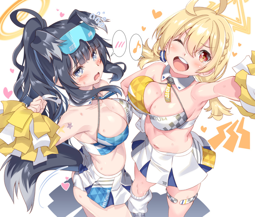ahoge animal_ears bangs bare_shoulders black_hair blonde_hair blue_archive blue_eyes blush braid breasts cheerleader cleavage dog_ears dog_girl dog_tail eyewear_on_head goggles goggles_on_head halo hibiki_(blue_archive) hibiki_(cheerleader)_(blue_archive) highres holding holding_pom_poms kotori_(blue_archive) kotori_(cheerleader)_(blue_archive) large_breasts long_hair looking_at_viewer medium_hair navel open_mouth pom_pom_(cheerleading) red_eyes shinozuka_atsuto single_braid smile star_sticker sticker_on_face tail thighs twintails