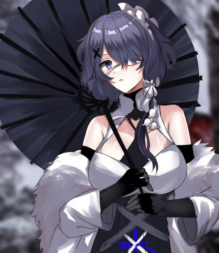 1girl arknights bangs bare_shoulders black_gloves blue_sealad commentary elbow_gloves eyepatch feather_boa gloves hair_over_one_eye highres holding holding_umbrella long_hair looking_at_viewer medical_eyepatch official_alternate_costume oil-paper_umbrella parted_lips purple_eyes purple_hair solo umbrella upper_body whisperain_(arknights) whisperain_(tremble_cold)_(arknights)