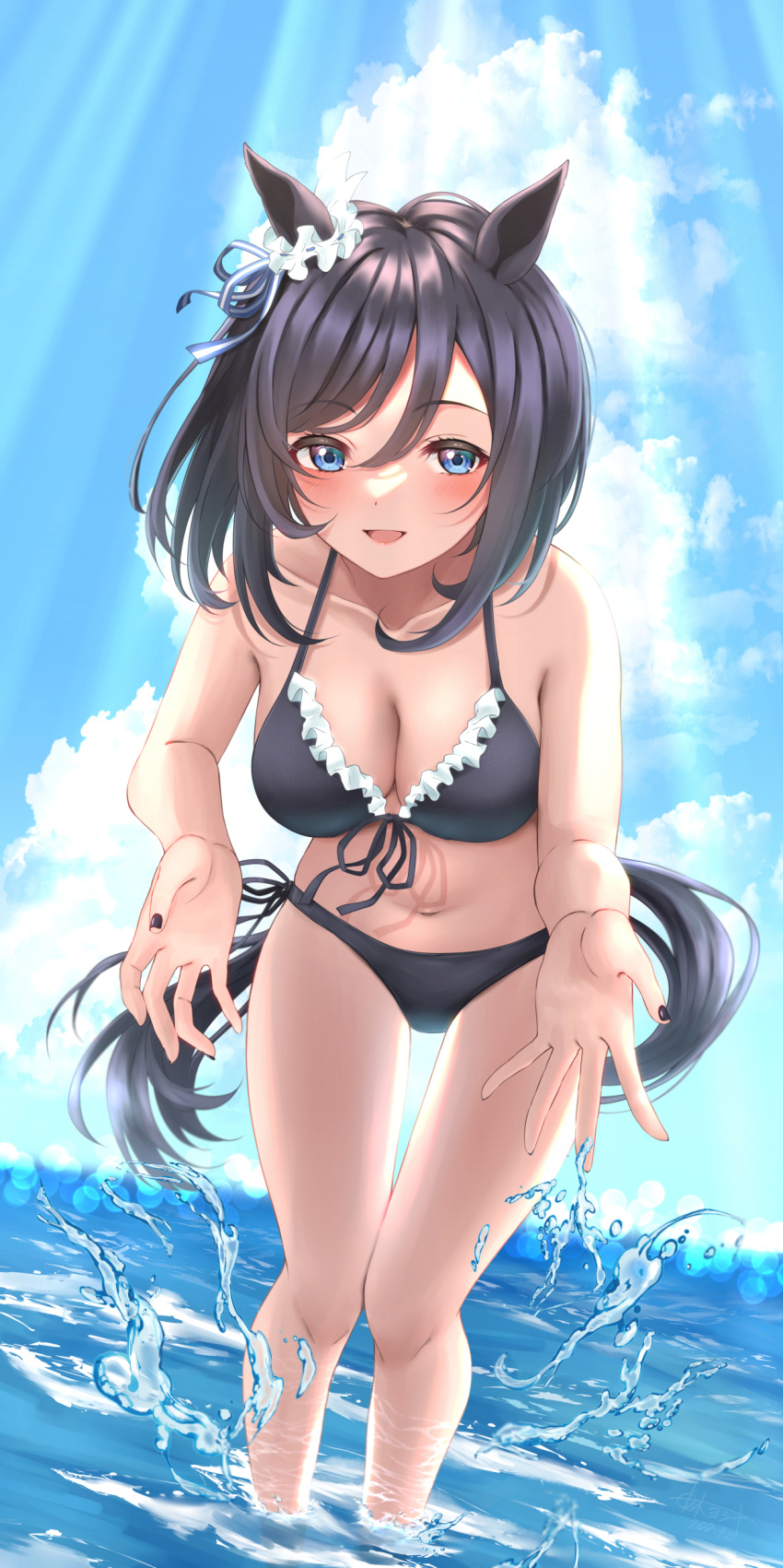 1girl absurdres animal_ears bikini black_bikini black_hair blue_eyes blue_sky bob_cut breasts cleavage cloud day eishin_flash_(umamusume) feet_out_of_frame frilled_bikini frills front-tie_bikini_top front-tie_top highres horse_ears horse_girl horse_tail large_breasts leaning_forward looking_at_viewer outdoors scrunchie short_hair side-tie_bikini_bottom sky soaking_feet solo standing swimsuit tail umamusume water white_scrunchie yoshiki_3821