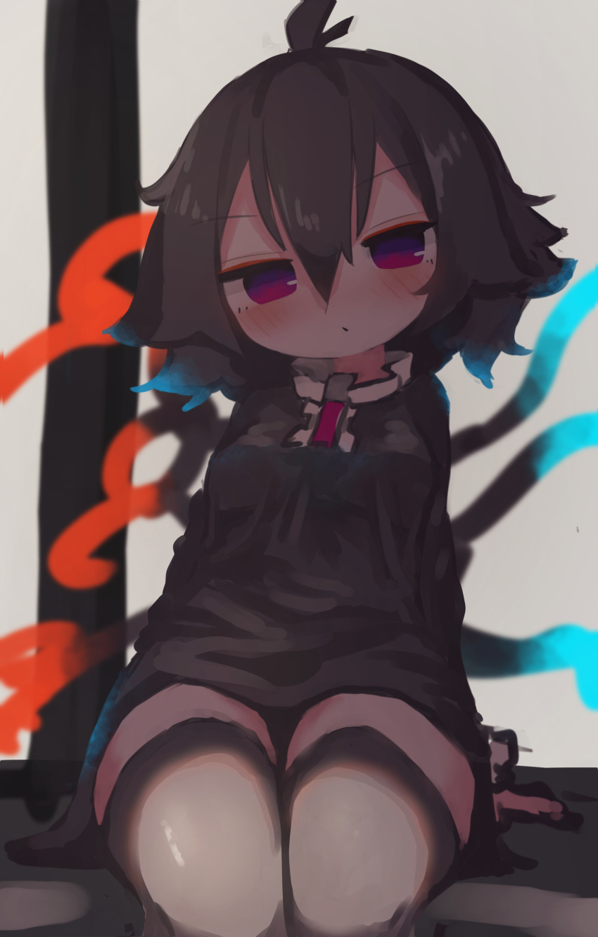 1girl absurdres asymmetrical_wings black_dress black_hair black_thighhighs blue_wings blush chii_(tsumami_tsumamare) closed_mouth dress feet_out_of_frame hair_between_eyes highres houjuu_nue long_sleeves red_eyes red_wings short_hair solo thighhighs touhou wings