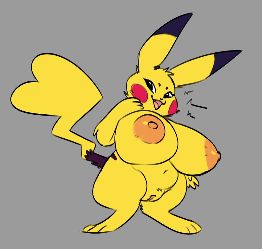 anthro big_breasts breasts female generation_1_pokemon genitals grey_background hi_res looking_at_viewer nintendo open_mouth phallusbro pikachu pokemon pokemon_(species) pussy simple_background smile solo video_games yellow_body