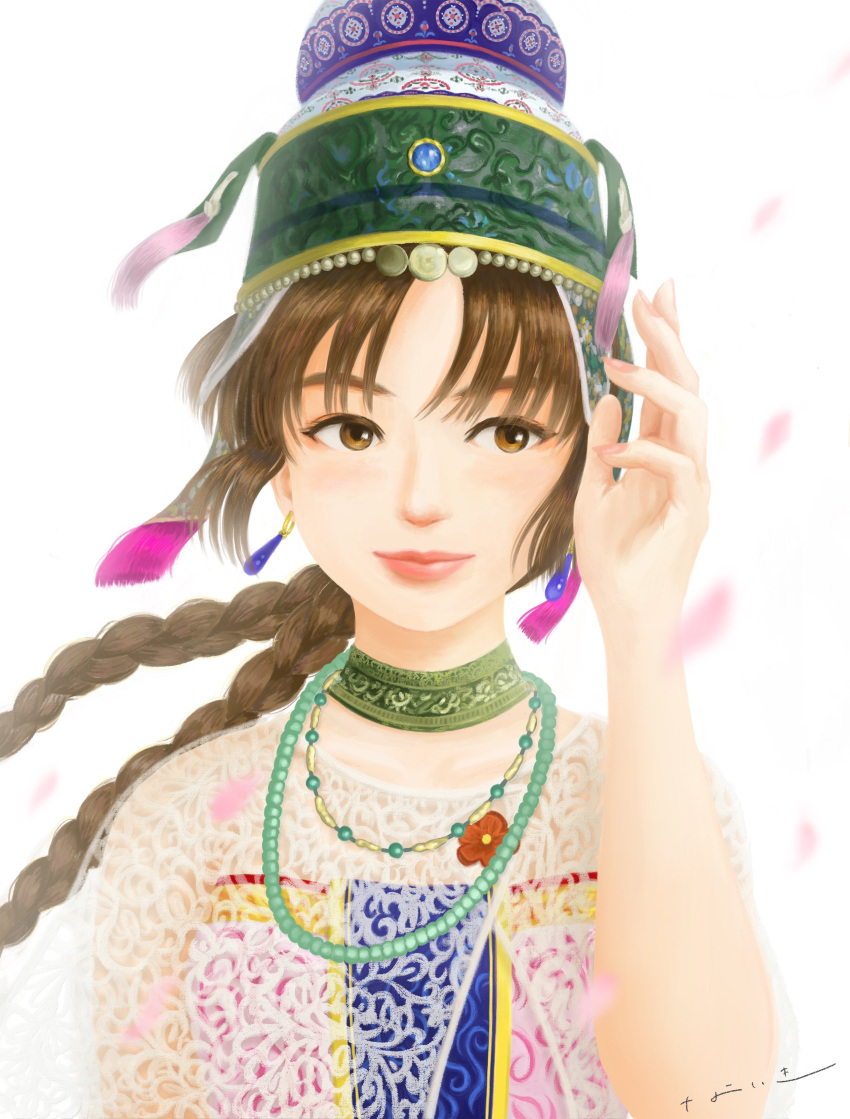 1girl absurdres bangs bead_necklace beads braid brown_eyes brown_hair chinese_clothes closed_mouth collar dangle_earrings dress earrings falling_petals flower hand_up headwear_request highres jewelry ling_shen_hua lips looking_to_the_side multicolored_clothes multicolored_dress multicolored_headwear necklace nikest_dc official_alternate_costume open_hand parted_bangs patterned_clothing pendant petals portrait see-through see-through_shirt shenmue shenmue_ii signature solo tassel twin_braids white_background