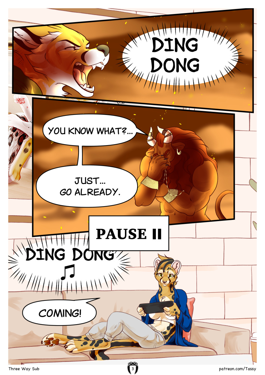 absurd_res brown_stripes cheetah claire_(tfp) clothed clothing comic dialogue english_text felid feline female gaming ganondorf green_eyes hi_res link mammal nintendo stripes tassy_(artist) text the_legend_of_zelda video_games