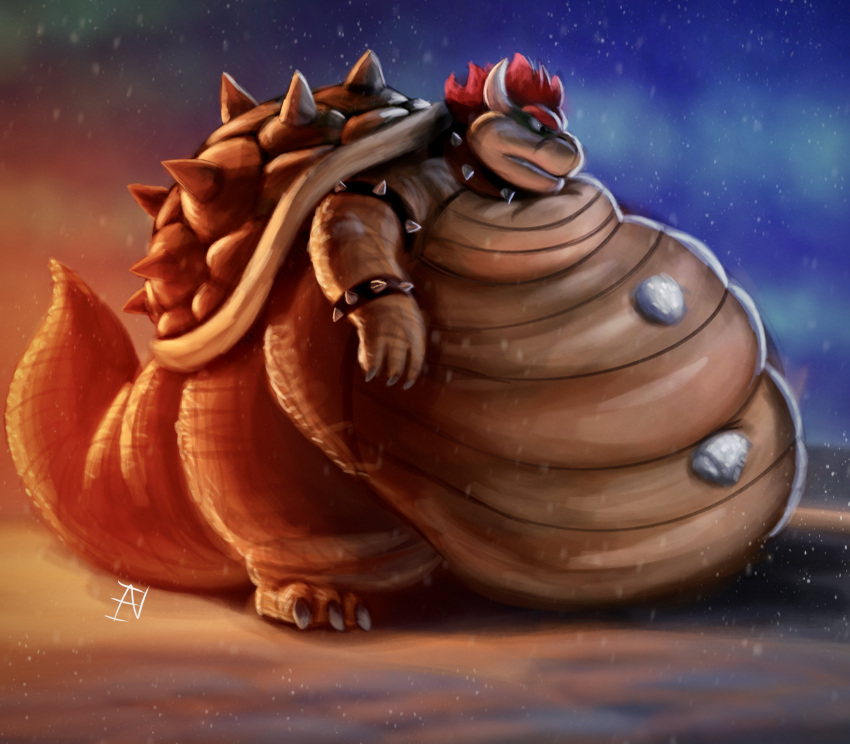 2022 absurd_res anthro armband belly big_belly bowser bracelet claws collar dragon hair hi_res horn ian-exe jewelry koopa male mario_bros morbidly_obese morbidly_obese_anthro morbidly_obese_male mouth_closed nintendo nude obese obese_anthro obese_male outside overweight overweight_anthro overweight_male raised_tail red_hair scales scalie shell side_view snow snowball snowing solo spiked_armband spiked_bracelet spiked_collar spiked_shell spikes spikes_(anatomy) standing thick_tail thick_thighs toe_claws video_games wide_eyed wide_hips