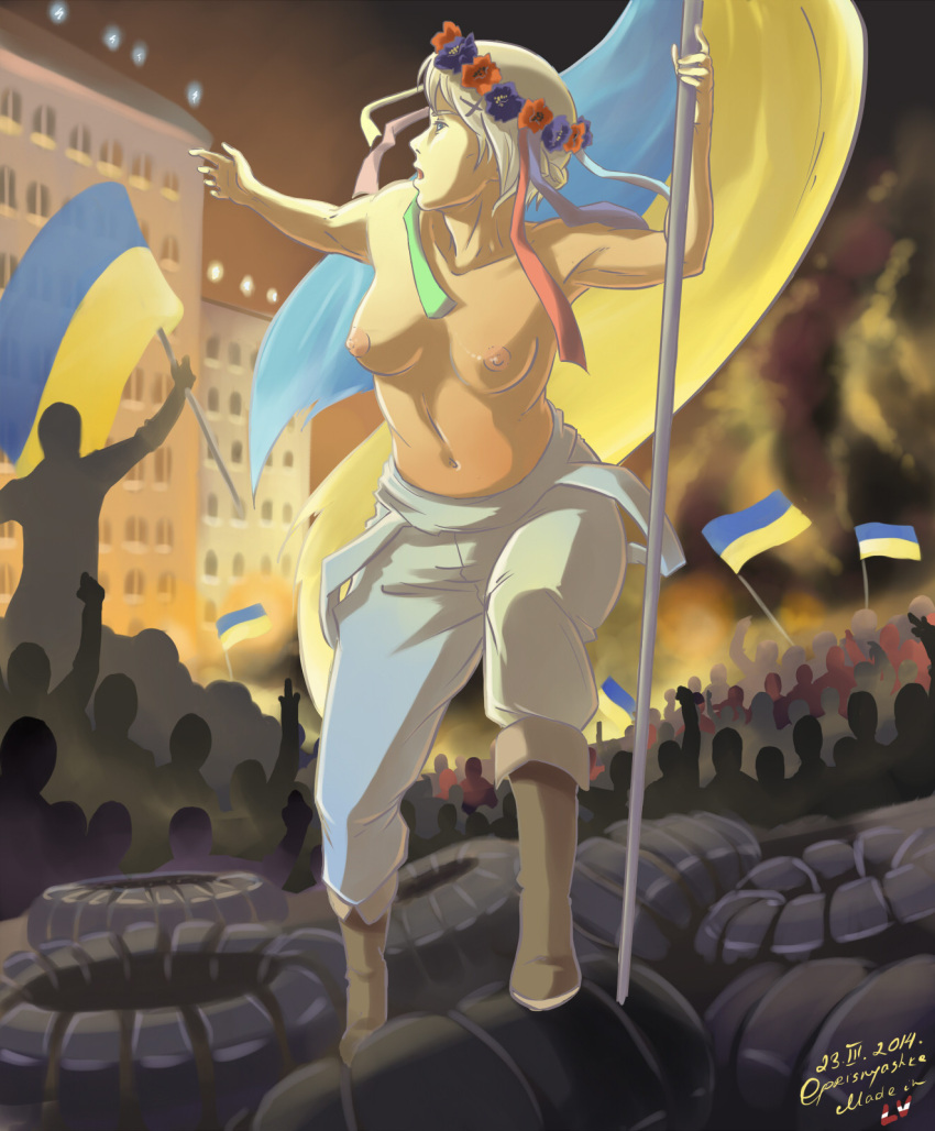 1girl 2014 axis_powers_hetalia barricade blonde_hair boots burning dated fine_art_parody flag head_wreath highres holding holding_flag liberty_leading_the_people oprisnyashka pants parody pile politics rioting ruins short_hair tire topless ukraine ukraine_(hetalia) ukrainian_flag white_pants