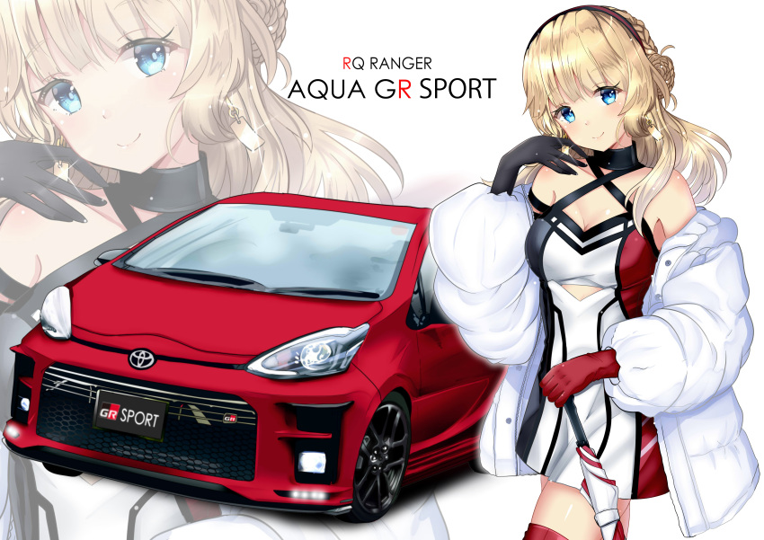 1girl absurdres alternate_costume bare_shoulders black_gloves blonde_hair blue_eyes breasts car character_name closed_mouth cowboy_shot gloves ground_vehicle highres himura_moritaka holding holding_umbrella jacket kantai_collection looking_at_viewer medium_breasts medium_hair motor_vehicle ranger_(kancolle) red_thighhighs smile thighhighs toyota toyota_aqua umbrella white_jacket zoom_layer