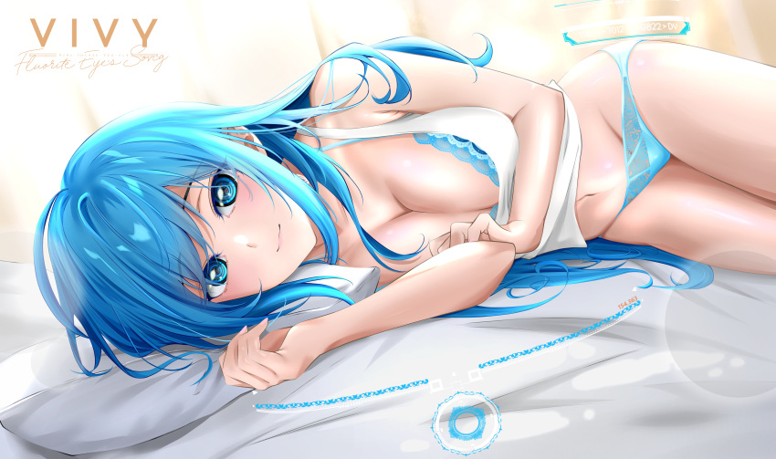 1girl absurdres bare_arms bed_sheet blue_bra blue_eyes blue_hair blue_panties bra character_name clement39 closed_mouth copyright_name groin highres long_hair looking_at_viewer lying midriff navel on_side panties pillow shiny shiny_hair shiny_skin shirt sleeveless sleeveless_shirt smile solo stomach straight_hair underwear very_long_hair vivy vivy:_fluorite_eye's_song white_shirt