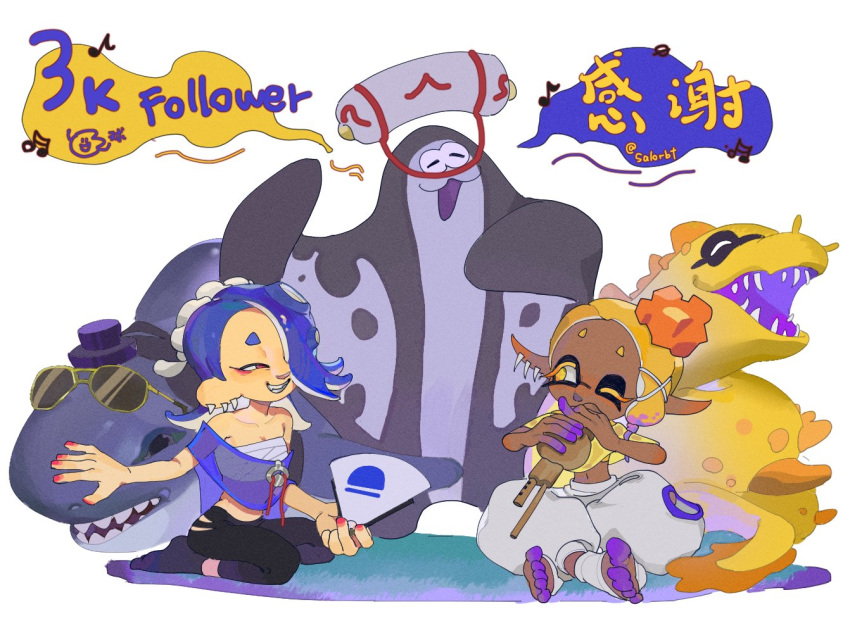 1boy 2girls bare_shoulders big_man_(splatoon) black_pants black_socks blonde_hair blue_hair breasts chest_sarashi chinese_commentary chinese_text cleavage collarbone colored_eyelashes colored_skin crossed_legs dark-skinned_female dark_skin earrings eel eyeliner flute food food_on_head forehead frye_(splatoon) grin hachimaki hair_over_one_eye hand_fan harem_pants headband hokkamuri holding holding_fan indian_style instrument jewelry looking_at_another makeup master_mega_(splatoon) multicolored_hair multicolored_skin multiple_earrings multiple_girls music musical_note navel nejiri_hachimaki object_on_head octarian one_eye_closed pants playing_flute playing_instrument pointy_ears purple_hair purple_skin red_eyeliner red_eyes red_skin salorbt sarashi see-through shark shiver_(splatoon) simple_background sitting smile socks speech_bubble splatoon_(series) splatoon_3 suction_cups teeth tempura tentacle_hair toeless_legwear twitter_username two-tone_hair wariza white_background white_pants white_socks yellow_eyes