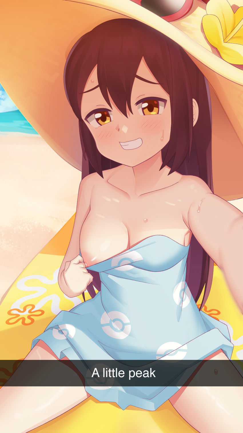 1girl absurdres bangs beach blue_dress blush breasts brown_hair caption clothes_pull collarbone commentary_request day dress dress_pull flower gazing_eye grin hat hat_flower highres long_hair looking_at_viewer nipples outdoors poke_ball_print pokemon pokemon_(game) pokemon_masters_ex pokemon_sm pulled_by_self raised_eyebrows red-framed_eyewear sand selfie shore sightseer_(pokemon) sitting smile solo spread_legs strapless strapless_dress sunglasses sweat teeth water yellow_flower