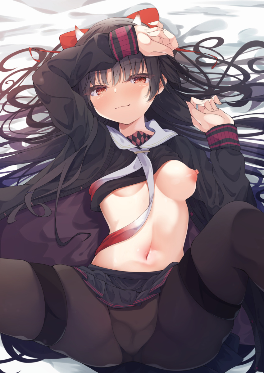 1girl azur_lane bed black_hair blush bow breasts commentary_request hair_bow highres horns long_hair looking_at_viewer madotsukumo medium_breasts oni_horns pantyhose red_eyes sakawa_(azur_lane) school_uniform smile solo