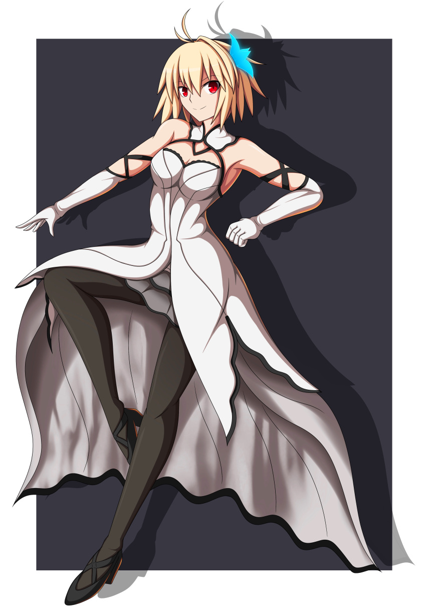 1girl absurdres antenna_hair arcueid_brunestud black_footwear blonde_hair breasts dress elbow_gloves full_body gloves hair_intakes high_heels highres looking_at_viewer official_alternate_costume pantyhose red_eyes short_hair solo tsukihime tsukihime_(remake) zeon132