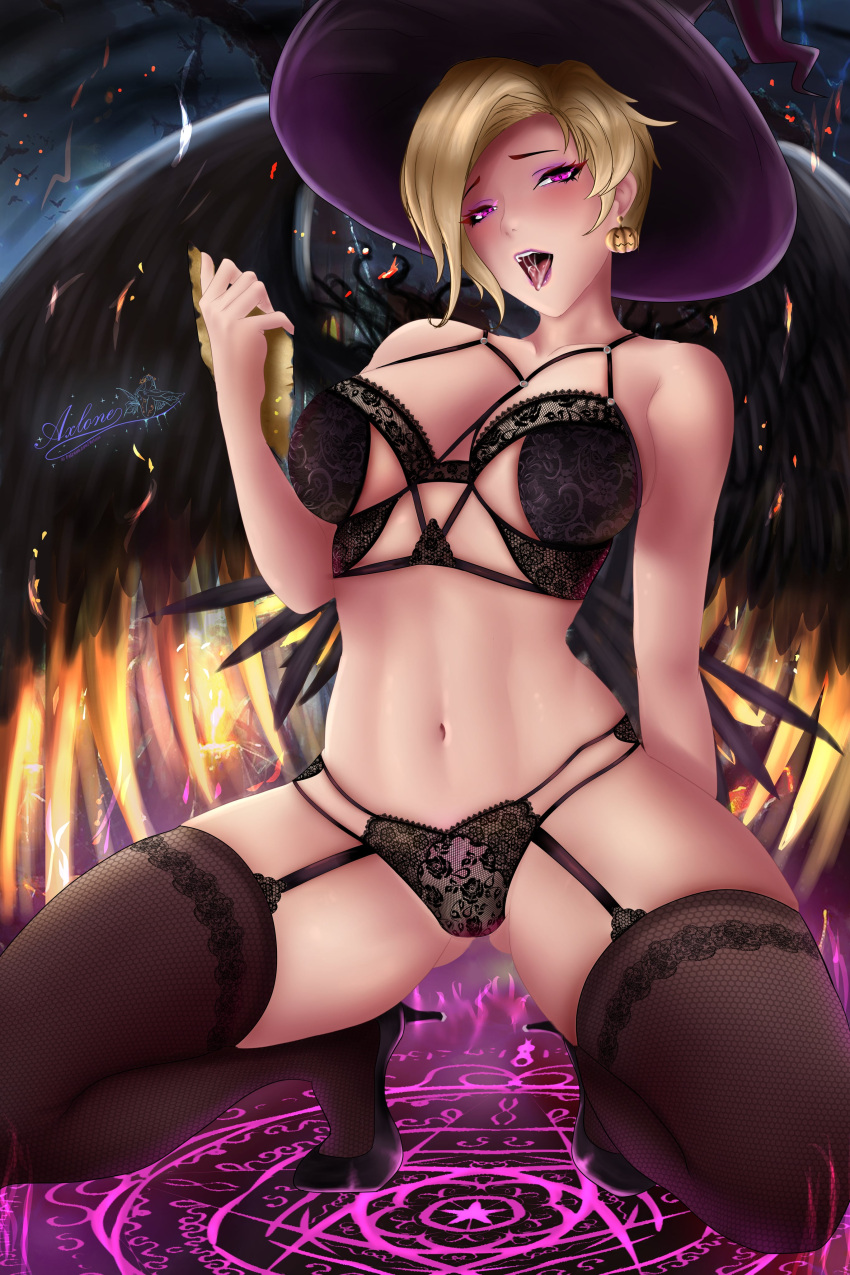 1girl absurdres ahegao axlone bird black_thighhighs black_wings blonde_hair breasts cleavage earrings feathered_wings food-themed_earrings halloween hat high_heels highres holding holding_paper jewelry large_breasts lingerie looking_at_viewer magic_circle md5_mismatch mercy_(overwatch) navel night open_mouth overwatch paper pumpkin_earrings purple_eyes resolution_mismatch saliva signature single_earring source_smaller squatting thighhighs tongue tongue_out underwear wings witch_hat