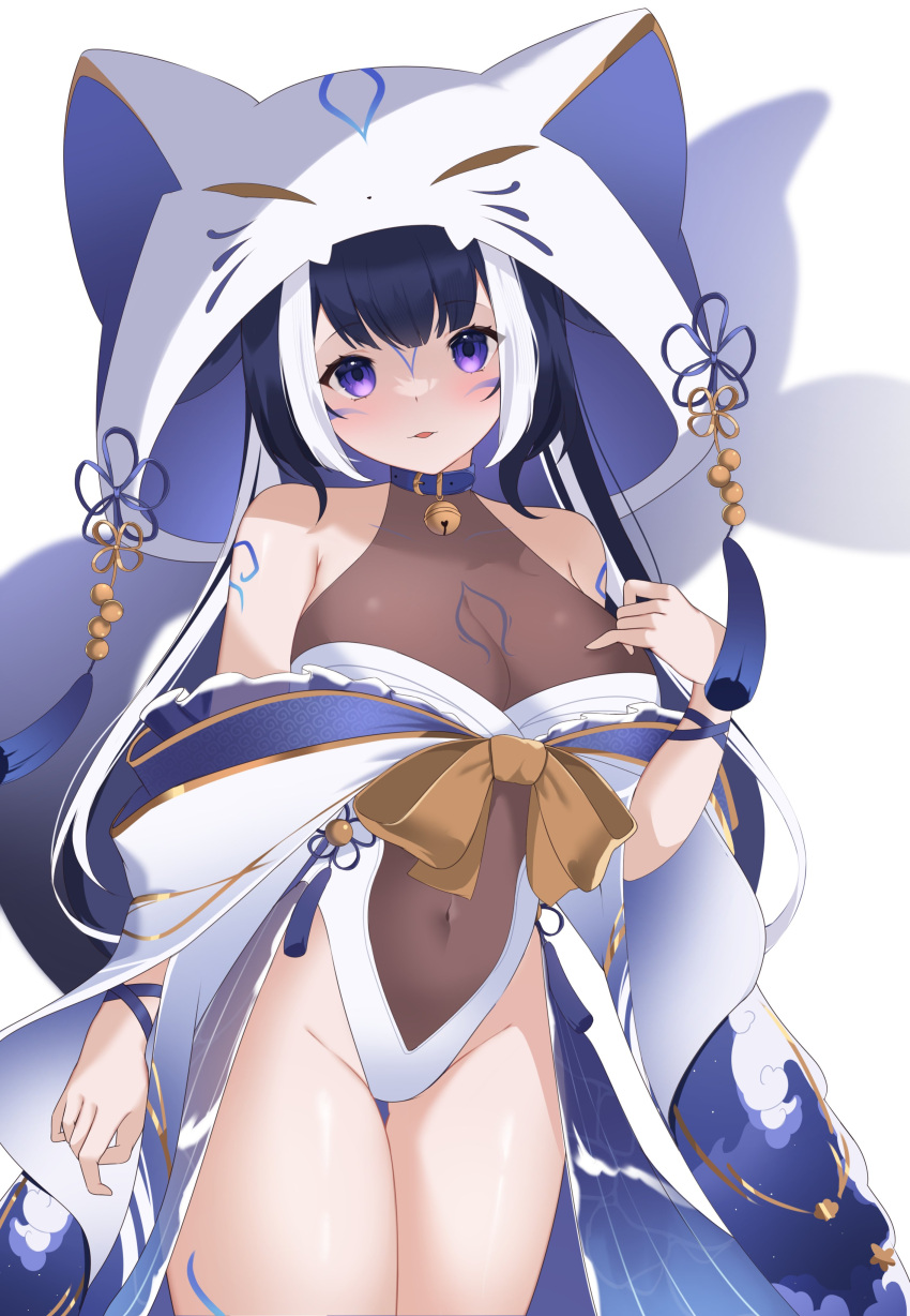 1girl absurdres animal_ears arm_tattoo bell belt_collar black_hair blue_collar blush breasts cetacean_tail chest_tattoo cleavage collar commentary covered_navel eevyart english_commentary facial_tattoo highres hood hood_up indie_virtual_youtuber jingle_bell large_breasts long_hair looking_at_viewer multicolored_hair navel one-piece_swimsuit open_mouth orca_girl purple_eyes see-through see-through_swimsuit shylily smile streaked_hair swimsuit tattoo virtual_youtuber white_hair white_hood white_one-piece_swimsuit