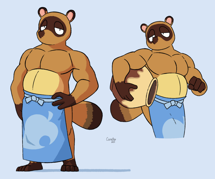 2022 animal_crossing anthro apron apron_only belly biceps blue_clothing brown_body brown_fur canid canine clothed clothing cosmicboy02 digital_drawing_(artwork) digital_media_(artwork) facial_markings fur head_markings hi_res holding_object male mammal markings mostly_nude musclegut muscular muscular_anthro muscular_male narrowed_eyes nintendo overweight pecs raccoon_dog signature simple_background solo tanuki tom_nook_(animal_crossing) video_games