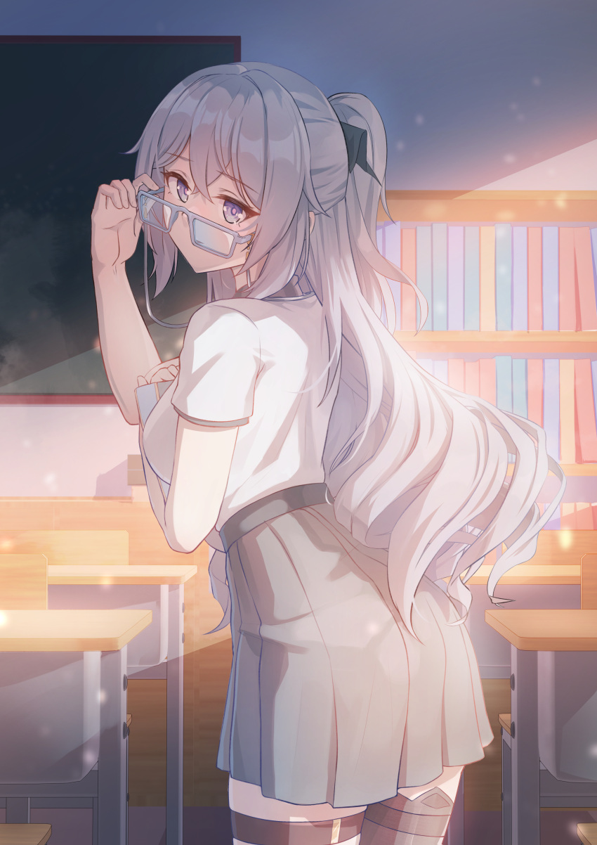 1girl absurdres alternate_costume bangs bronya_zaychik bronya_zaychik_(silverwing:_n-ex) caisena chalkboard classroom crossed_bangs desk glasses highres holding honkai_(series) honkai_impact_3rd indoors long_hair looking_at_viewer ponytail school_desk shirt skirt solo white_shirt