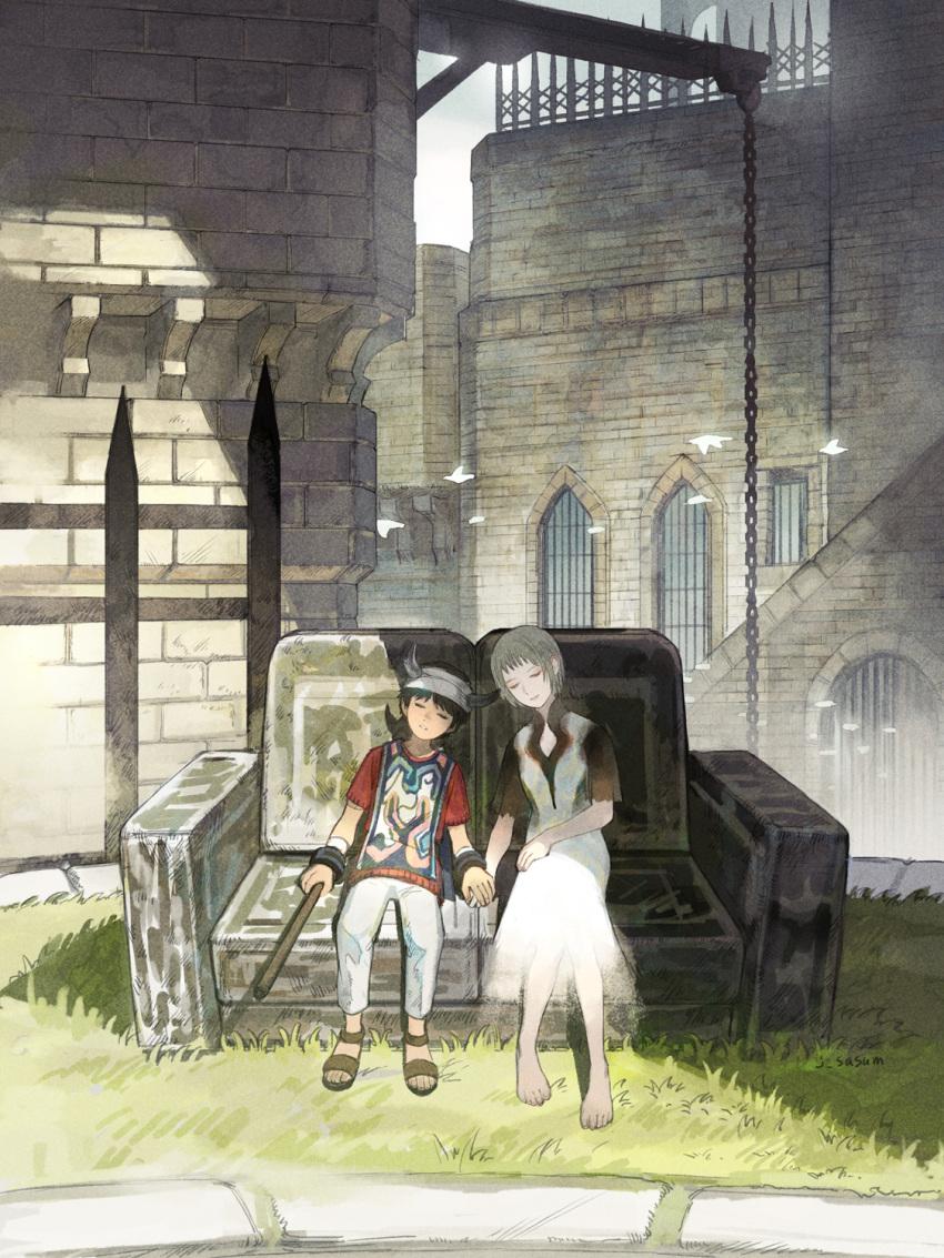 1boy 1girl bandages barefoot bird black_hair closed_eyes closed_mouth commentary dress highres holding_hands horns ico ico_(character) pointy_ears sandals sasumata_jirou short_hair sitting stick tabard weapon white_dress yorda