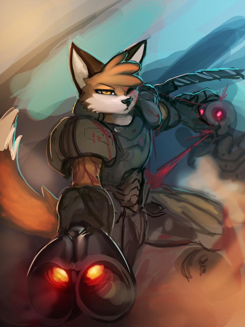anthro armor black_nose blood bodily_fluids body_armor canid canine cosplay demon digital_media_(artwork) doom_(series) doom_slayer duo fox foxboy83_(character) general-irrelevant gun hi_res holding_gun holding_object holding_weapon id_software looking_at_viewer male mammal one_eye_closed ranged_weapon solo_focus video_games violence weapon