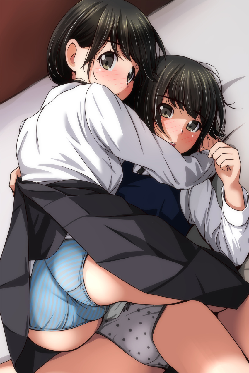 2girls absurdres ass bangs bed_sheet black_hair black_skirt blue_panties blue_sweater_vest blush brown_eyes clothes_lift collared_shirt highres long_sleeves looking_at_viewer looking_back lying matsunaga_kouyou multiple_girls on_back open_mouth original panties pleated_skirt polka_dot polka_dot_panties school_uniform shirt skirt skirt_lift straddling striped striped_panties sweater_vest teeth thighs underwear upper_teeth white_panties white_shirt yuri