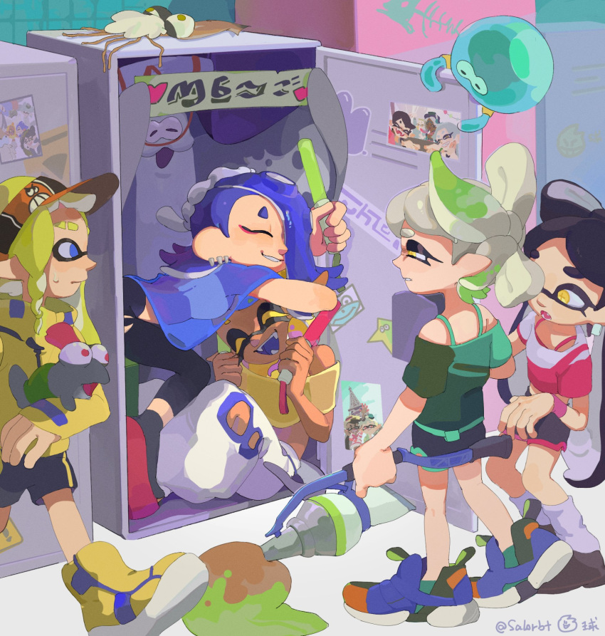 2boys 5girls :d ^_^ agent_3_(splatoon_3) alternate_costume asymmetrical_hair bare_shoulders big_man_(splatoon) black_hair black_pants black_shorts black_socks blue_eyes blue_hair blue_tongue callie_(splatoon) cap'n_cuttlefish chinese_commentary closed_eyes closed_mouth clothing_cutout colored_eyelashes colored_tongue cousins cramped crop_top cross-shaped_pupils dark-skinned_female dark_skin earrings eyebrow_cut eyeliner fangs frye_(splatoon) glowstick grandfather_and_granddaughter green_hair grey_hair grin hachimaki hair_over_one_eye hands_up harem_pants headband heart highres hokkamuri holding_glowstick in_locker inkbrush_(splatoon) inkling inkling_(language) inkling_girl jellyfish_(splatoon) jewelry little_buddy_(splatoon) locker long_hair looking_at_another loose_socks makeup manta_ray marie_(splatoon) marina_(splatoon) mr._grizz_(splatoon) multicolored_footwear multiple_boys multiple_girls nejiri_hachimaki pants pearl_(splatoon) photo_(object) pointy_ears red_eyeliner red_footwear salmonid salorbt see-through shiver_(splatoon) shoes short_hair shorts single_vertical_stripe sleeveless smallfry_(splatoon) smile socks splatoon_(series) splatoon_3 squidbeak_splatoon squinting suction_cups teeth tentacle_hair twitter_username visor_cap white_pants yellow_crop_top yellow_eyes