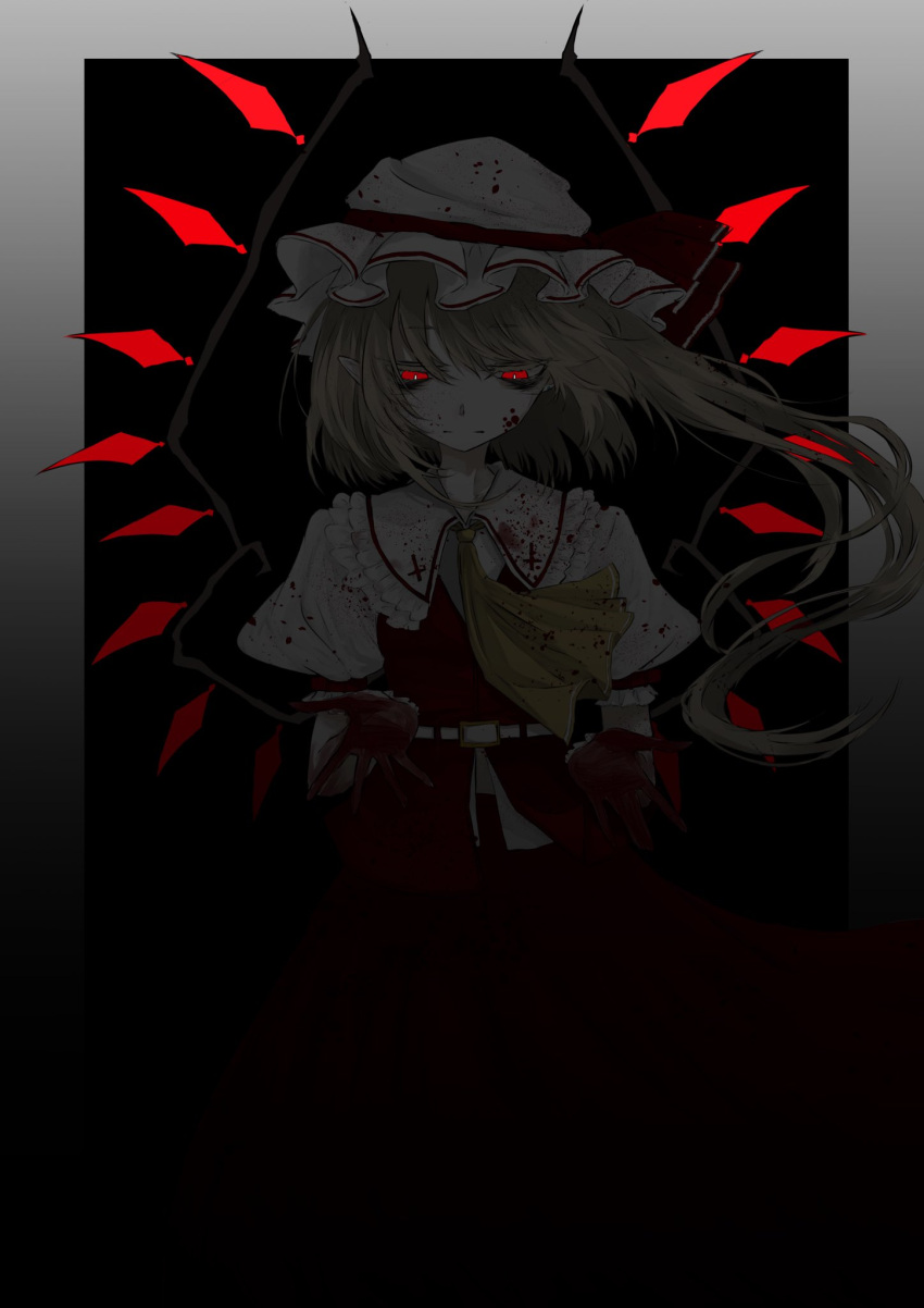 1girl aizettonagi ascot bangs black_background blonde_hair blood blood_on_clothes blood_on_face blood_on_hands border bright_pupils closed_mouth collared_shirt cowboy_shot crystal flandre_scarlet frilled_shirt_collar frilled_sleeves frills hat highres looking_at_hands looking_down mob_cap muted_color one_side_up outside_border puffy_short_sleeves puffy_sleeves red_eyes red_skirt red_vest shirt short_hair short_sleeves skirt skirt_set slit_pupils solo spot_color touhou vest white_border white_headwear white_pupils white_shirt wings wrist_cuffs yellow_ascot