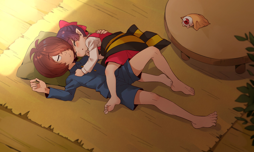1boy 1girl absurdres bare_legs barefoot blue_jacket blue_shorts bow brown_hair closed_eyes dress from_above full_body gegege_no_kitarou hair_bow hair_over_one_eye highres jacket kitarou lying medama_oyaji nekomusume on_back on_side on_stomach pillow pinafore_dress pointy_ears red_bow red_dress shiny shiny_hair shirt short_dress short_hair shorts silanduqiaocui sleeping sleeveless sleeveless_dress soles the_pose toenails toes under_covers white_shirt