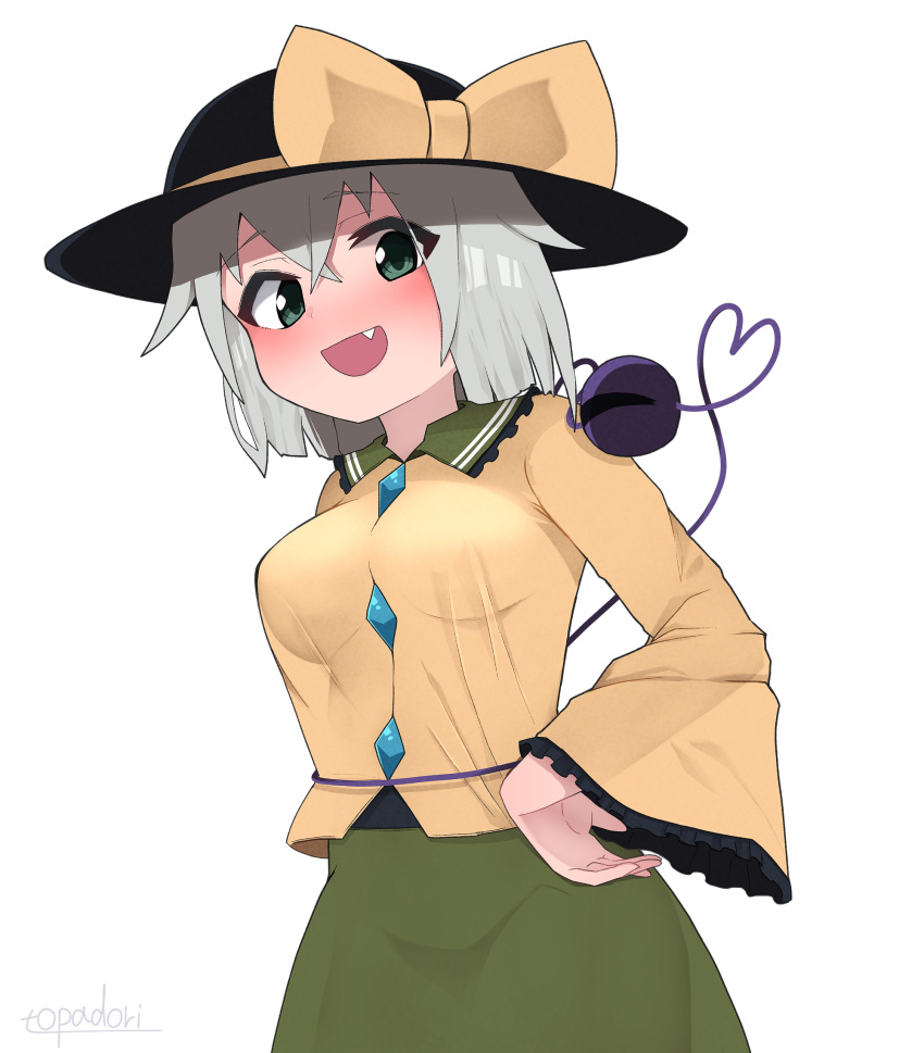 1girl bangs black_headwear blouse blush bow breasts buttons cowboy_shot diamond_button eyeball eyes_visible_through_hair fang frilled_shirt_collar frilled_sleeves frills green_eyes green_skirt hair_between_eyes hand_on_hip hat hat_bow hat_ribbon heart heart_of_string highres komeiji_koishi light_green_hair long_sleeves looking_at_viewer medium_breasts medium_hair open_mouth ribbon see-through see-through_shirt shirt signature simple_background skirt smile solo third_eye topadori touhou white_background wide_sleeves yellow_bow yellow_ribbon yellow_shirt