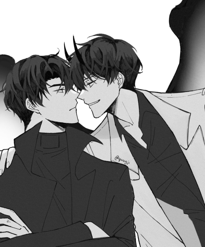 2boys closed_mouth collared_shirt crossed_arms dok-ja_kim face-to-face frown greyscale hand_on_another's_shoulder highres horns jacket joonghyuk_yoo long_sleeves looking_at_another male_focus monochrome multiple_boys omniscient_reader's_viewpoint open_clothes open_jacket shirt short_hair simple_background smile upper_body white_background wings yuugji