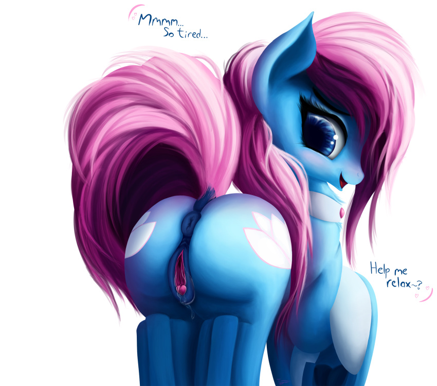 2018 accessory alternate_hairstyle anatomically_correct anatomically_correct_anus anatomically_correct_genitalia anatomically_correct_pussy anus blue_anus blue_body blue_eyes blue_pussy bodily_fluids bow_ribbon butt collar cutie_mark dialogue digital_media_(artwork) dock earth_pony equid equine eyelashes female feral friendship_is_magic furgonomics genital_fluids genitals hair hasbro heart_clitoris hi_res hooves horse looking_back lotus_(mlp) mammal my_little_pony pink_hair pink_tail pony puffy_anus pussy pussy_juice ribbons simple_background solo tail_accessory tail_bow tail_ribbon talking_to_viewer tyzain underhoof white_background wings