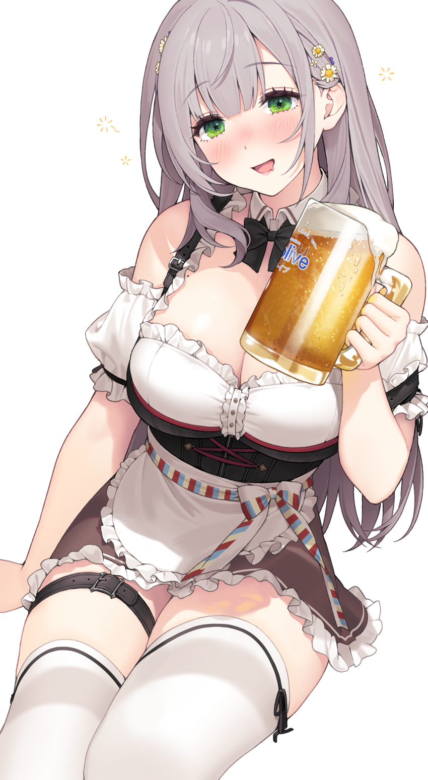 1girl :d absurdres alcohol apron arm_support bangs beer beer_mug bench blunt_bangs blush breasts cleavage cup detached_sleeves dirndl evening flower food german_clothes green_eyes grey_hair hair_flower hair_ornament highres holding holding_cup hololive large_breasts looking_at_viewer mug open_mouth shirogane_noel smile solo thick_thighs thighhighs thighs virtual_youtuber white_thighhighs wrist_cuffs yeije