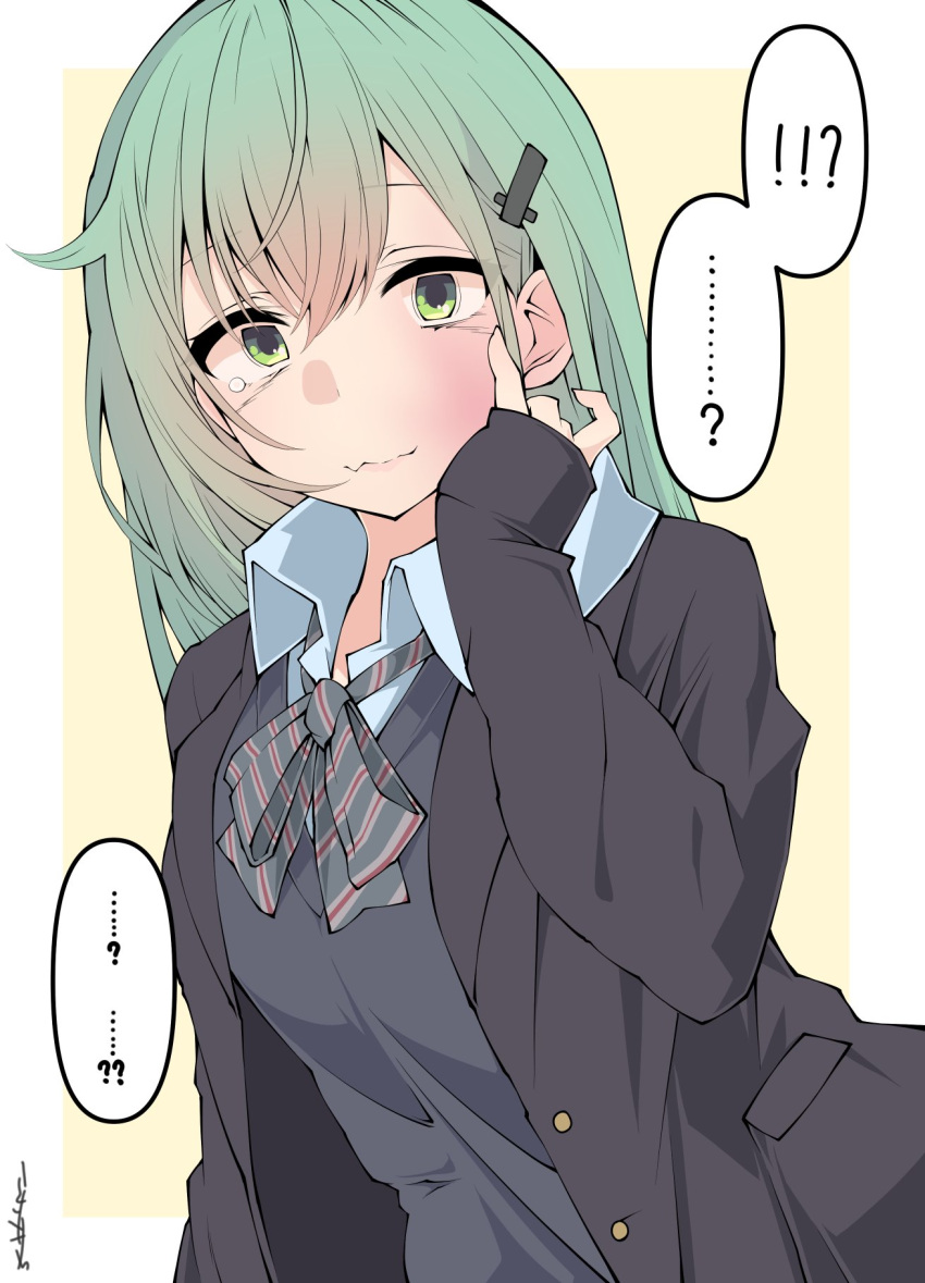 1girl alternate_costume aqua_eyes aqua_hair blazer blush cardigan collared_shirt green_eyes hair_ornament hairclip highres jacket kantai_collection long_hair long_sleeves neckerchief pleated_skirt sakakiba_misogi school_uniform serafuku shirt skirt speech_bubble suzuya_(kancolle) tears upper_body