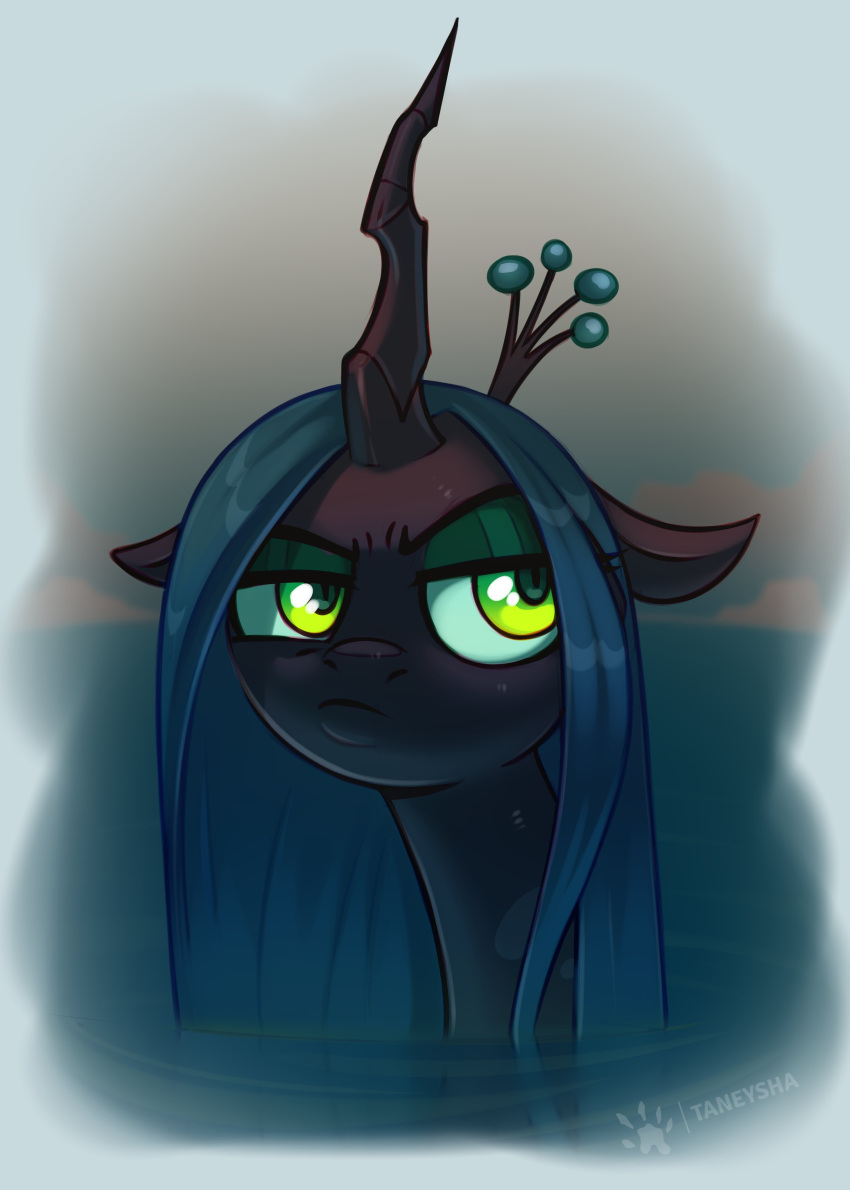 absurd_res arthropod black_body bust_portrait changeling crown digital_media_(artwork) eyeshadow female feral friendship_is_magic green_eyes green_eyeshadow half-closed_eyes hasbro hi_res horn lidded_eyes looking_away makeup my_little_pony narrowed_eyes portrait pouting queen_chrysalis_(mlp) signature solo taneysha water wet