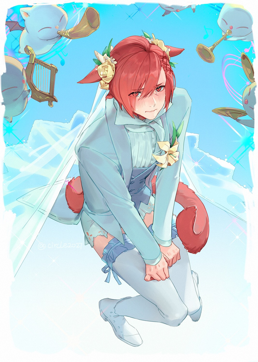 1boy alternate_costume animal_ears bangs blue_background blue_jacket blue_suit blue_vest blush border bridal_veil buttons cat_boy cat_ears cat_tail crossdressing cymbals embarrassed eyes_visible_through_hair facial_mark final_fantasy final_fantasy_xiv flower formal frilled_thighhighs frills from_above full_body g'raha_tia groom hair_flower hair_ornament hands_on_own_thighs highres holding holding_instrument instrument jacket knees_together_feet_apart long_sleeves looking_at_viewer looking_up lyre male_focus miqo'te moogle music musical_note own_hands_together playing_instrument red_eyes rose shoes short_hair slit_pupils solo suit suncle swept_bangs tail thighhighs trumpet v_arms veil vest wavy_mouth white_border white_footwear white_thighhighs x_hair_ornament yellow_flower yellow_rose