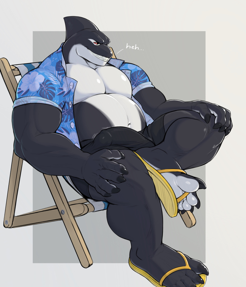 2022 absurd_res aloha_shirt anthro barazoku belly big_belly big_bulge big_muscles border bottomwear bulge cetacean chair claws clothed clothing delphinoid detailed_bulge english_text erection erection_under_clothing feet fin footwear furniture genital_outline grey_background hi_res laugh looking_at_viewer male mammal marine muscular muscular_anthro muscular_male navel oceanic_dolphin open_clothing open_shirt open_topwear orca pattern_clothing pattern_shirt pattern_topwear pecs penis_outline plantigrade razzper sandals shirt shorts simple_background sitting smile solo teeth text toes toothed_whale topwear white_border