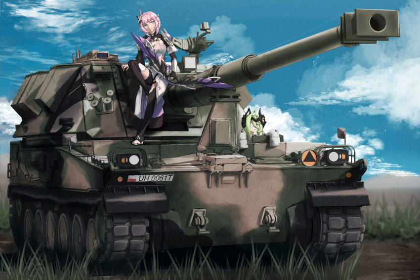 2girls ahs_krab bangs blue_eyes caterpillar_tracks closed_mouth cloud cloudy_sky commission commissioner_upload crown day elf elysia_(honkai_impact) eyepatch full_body gem gloves green_eyes green_hair ground_vehicle hair_ornament haonfest highres honkai_(series) honkai_impact_3rd klein_(honkai_impact) long_hair long_sleeves looking_at_viewer military military_vehicle multiple_girls outdoors pink_hair pointy_ears self-propelled_artillery sitting sky sleeves_past_wrists smile upper_body wavy_hair