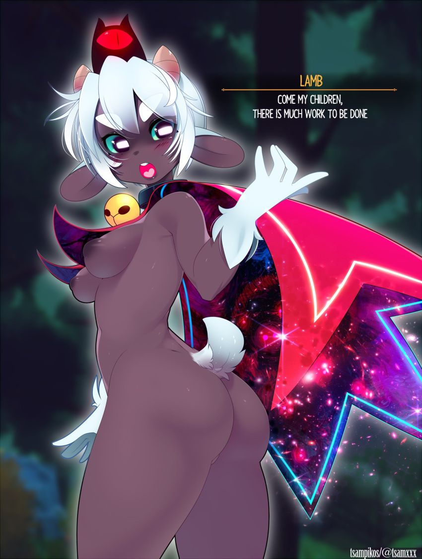 2022 anthro blush bovid breasts butt cape cape_only caprine clothing cult_of_the_lamb female fur hair hi_res horn lamb_(cult_of_the_lamb) mammal mostly_nude nipples sheep short_hair solo thick_thighs tsampikos