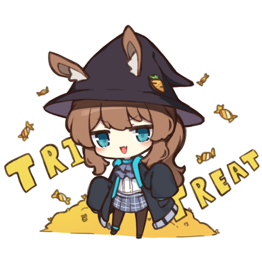 1girl :d amiya_(arknights) animal_ear_fluff animal_ears arknights black_footwear black_headwear black_jacket black_pantyhose blue_eyes blue_skirt blush brown_hair candy_wrapper chibi commentary danble ears_through_headwear fang full_body hat highres jacket long_hair long_sleeves looking_at_viewer open_clothes open_jacket pantyhose ponytail rabbit_ears shirt shoes simple_background skirt sleeves_past_fingers sleeves_past_wrists smile solo standing symbol-only_commentary trick_or_treat v-shaped_eyebrows very_long_hair white_background white_shirt witch_hat