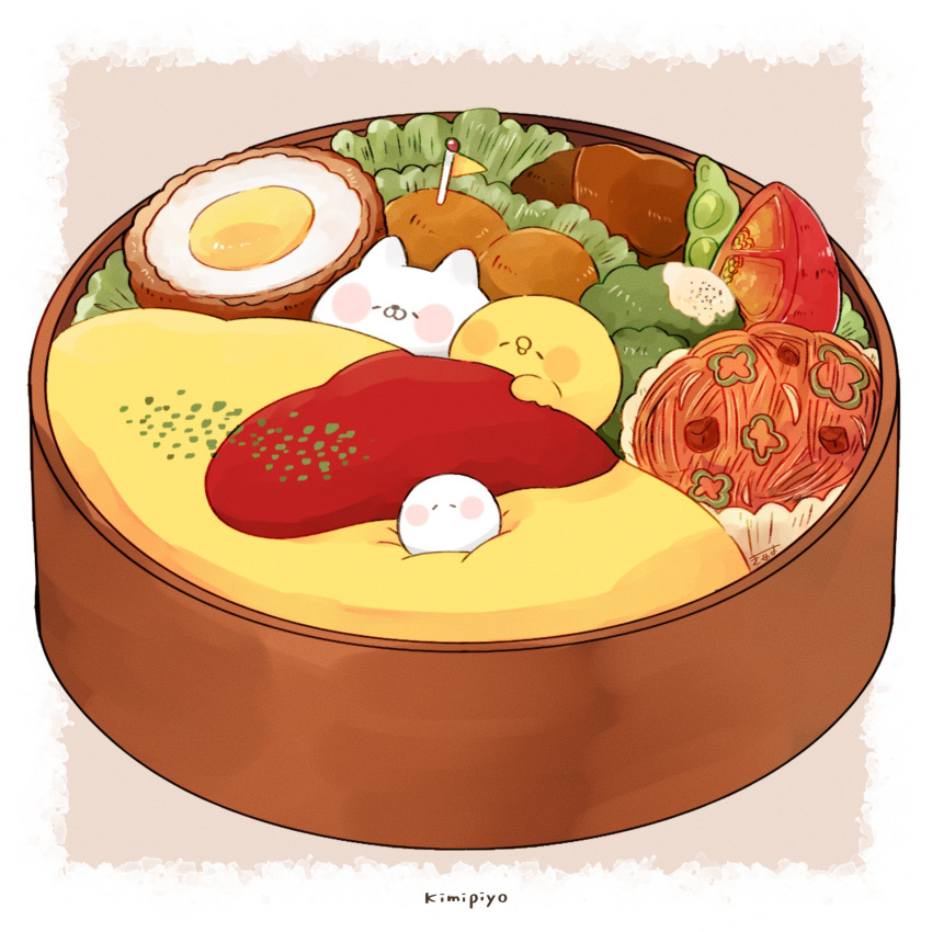 3others beans bento bird blush_stickers cat chick chicken commentary creature egg_(food) food food_focus hardboiled_egg highres ketchup kimipiyo_(tenmiyakiyo) lettuce meatball mini_flag multiple_others neko_(tenmiyakiyo) omurice original pennant sleeping symbol-only_commentary tenmiyakiyo tomato tomato_slice tsubumaru_(tenmiyakiyo) white_cat