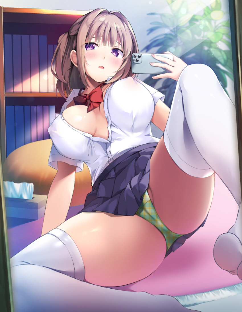 1girl bangs blush book bookshelf bow bowtie breasts brown_hair cellphone clothes_lift covered_nipples green_panties highres kaniya_shiku large_breasts looking_at_viewer mirror one_side_up open_mouth original panties phone pleated_skirt purple_eyes red_bow red_bowtie reflection school_uniform selfie short_hair skirt skirt_lift smartphone solo spread_legs taking_picture thighhighs unbuttoned unbuttoned_shirt underwear white_thighhighs