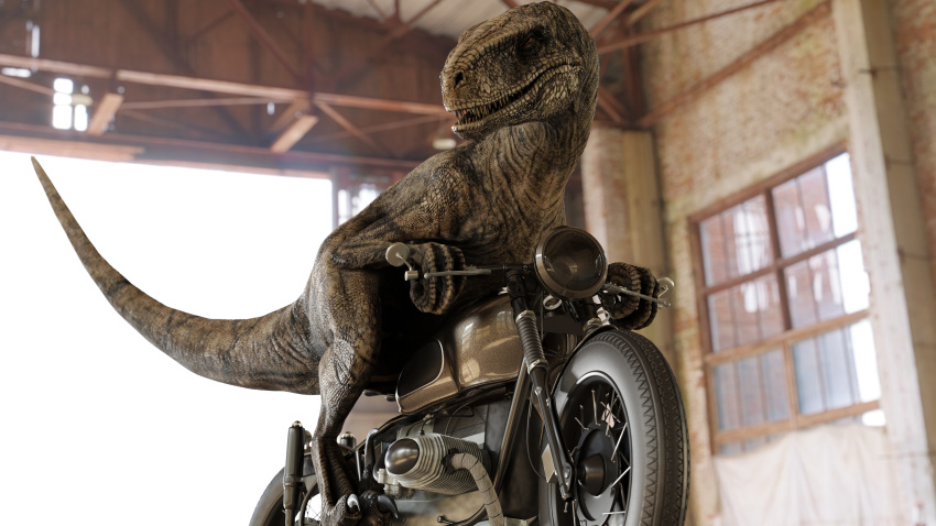 16:9 3d_(artwork) 4k absurd_res ambiguous_gender atrociraptor building claws detailed_background digital_media_(artwork) dinosaur dromaeosaurid feral hi_res inside ivorylagiacrus jurassic_park jurassic_world jurassic_world:_dominion looking_at_viewer motorcycle open_mouth pupils raised_tail red_eyes reptile riding_motorcycle scales scalie sharp_claws sharp_teeth slit_pupils smile solo teeth theropod toe_claws universal_studios vehicle widescreen