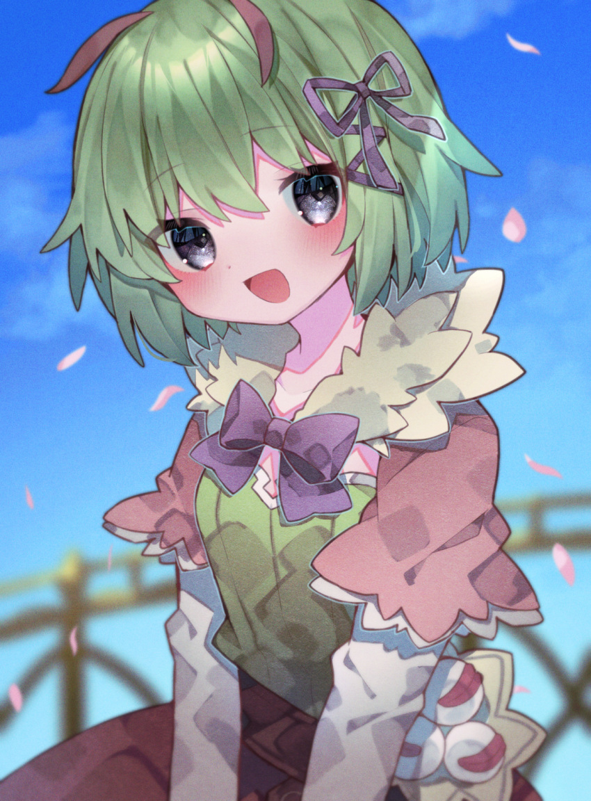 1girl :d antennae bangs black_eyes blurry blurry_background blush bow dress eringikinono falling_petals fur_collar green_hair hair_ribbon highres kohaku_(rune_factory) layered_sleeves long_sleeves looking_to_the_side open_mouth outdoors petals railing ribbon rune_factory rune_factory_4 short_hair short_sleeves sky smile solo