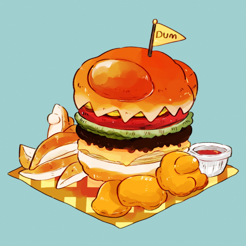 among_us artist_name blue_background burger cheese chicken_nuggets chips_(food) commentary dum_sticky_note food food_focus highres ketchup lettuce mini_flag no_humans pennant potato_wedges signature simple_background symbol-only_commentary tenmiyakiyo