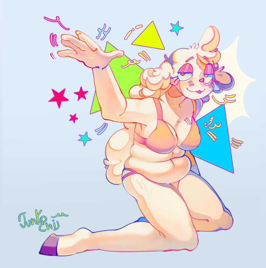 anthro bikini blush blush_lines bovid caprine chubby_female clothing eyeliner female happy hi_res hooves junkochi makeup mammal pink_eyes purple_hooves sheep slightly_chubby solo star stretch_marks swimwear tabs tongue tongue_out