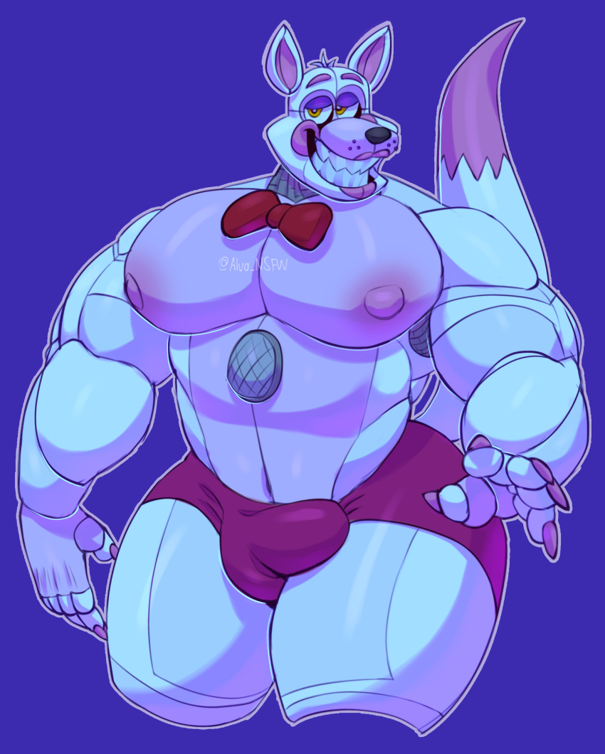 absurd_res alva_nsfw animatronic anthro areola balls biceps big_breasts blush bottomwear bow_tie breasts bulge canid canine clothed clothing colored_nails digital_media_(artwork) fingers five_nights_at_freddy's fox funtime_foxy_(fnaf) genitals glistening glistening_body hair hi_res looking_at_viewer machine male mammal muscular muscular_anthro muscular_male nails nipples open_mouth pecs pink_areola pink_bottomwear pink_clothing pink_nipples pink_shorts robot scottgames shorts simple_background smile solo solo_focus speaker teeth thick_thighs video_games white_body wire yellow_eyes